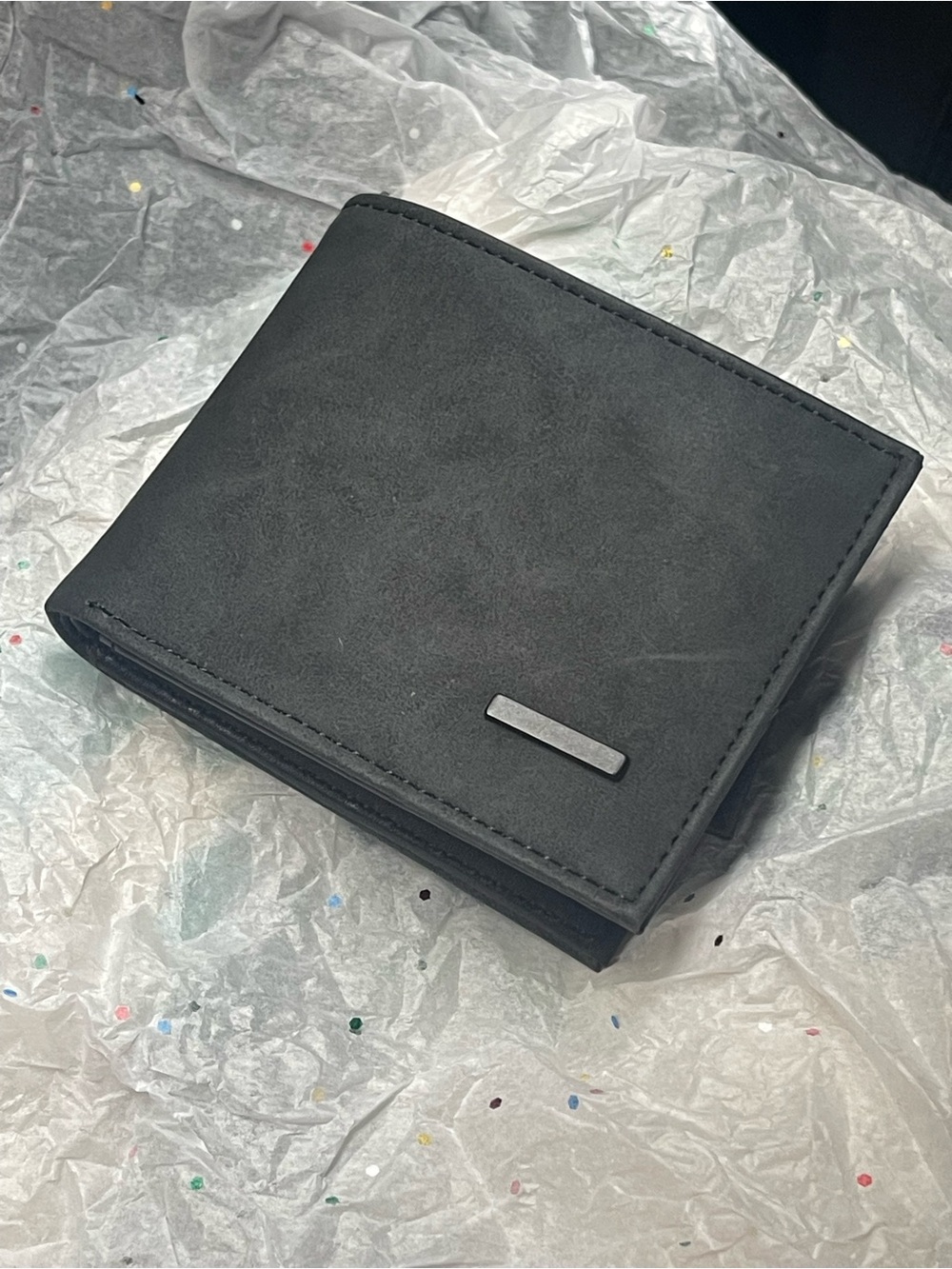 NWT Vegan Wallet Men’s Black Bi-Fold Faux Leather with Matte Metal Accent